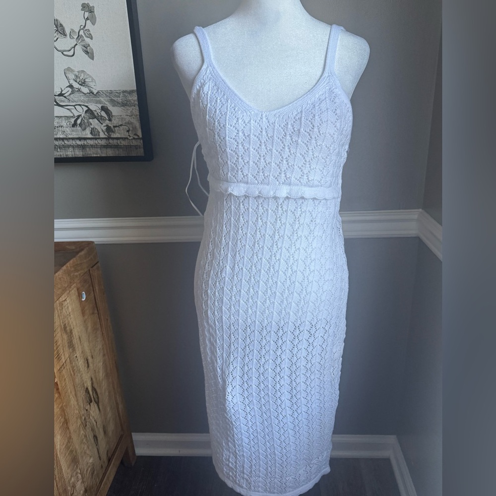 NWT Revolve 525 America White Pointelle Cotton Crochet knit Dress Large